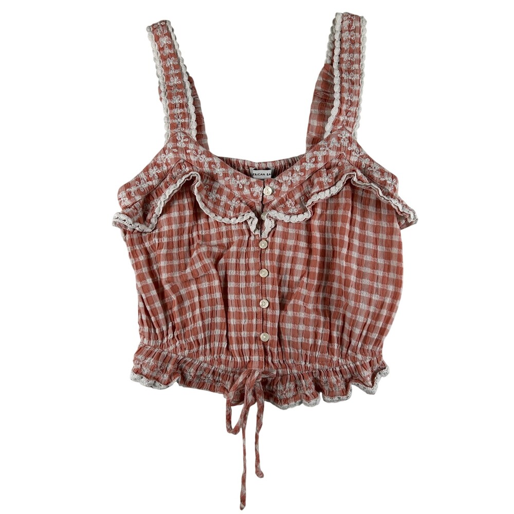 American Eagle Outfitters Tank Top Womens XS Pink Gingham Ruffle Crop Cami